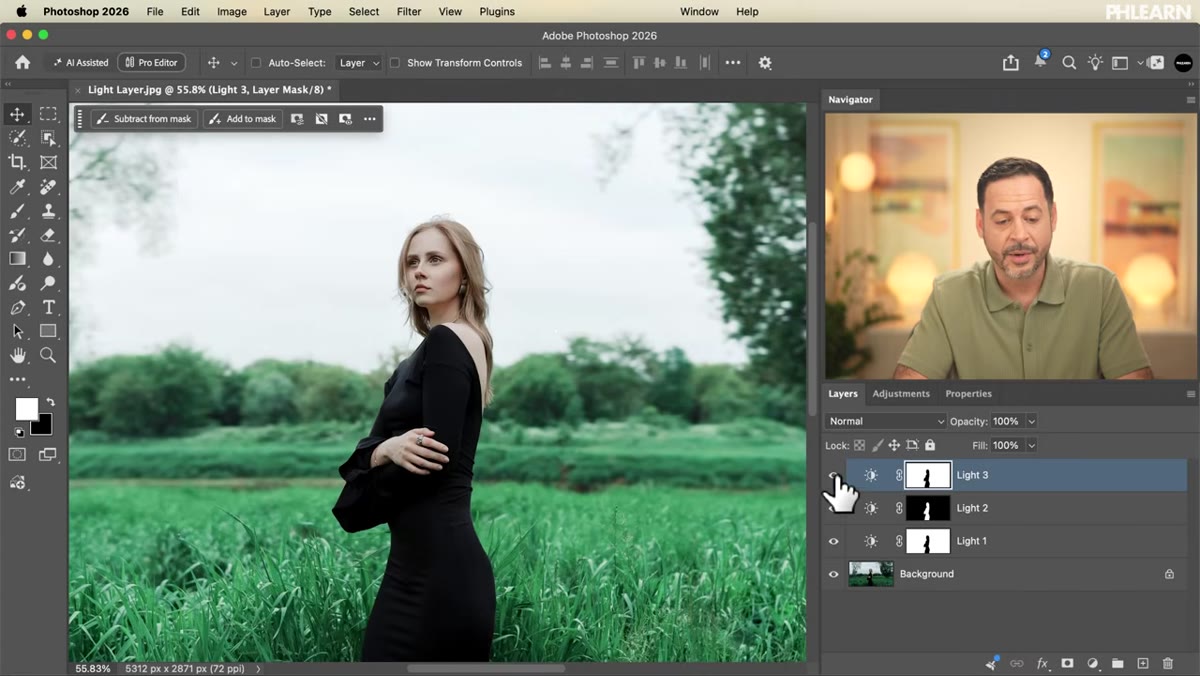 Group layer with double mask creating soft light glow effect