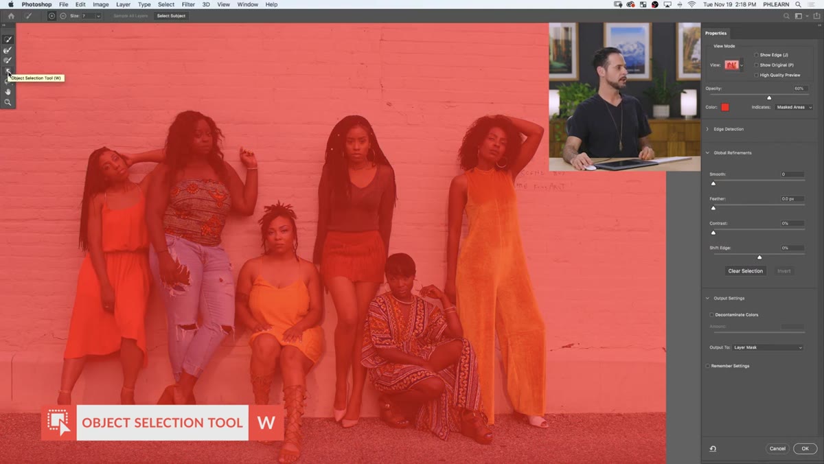 Object Selection Tool highlighted in the Select and Mask toolbar