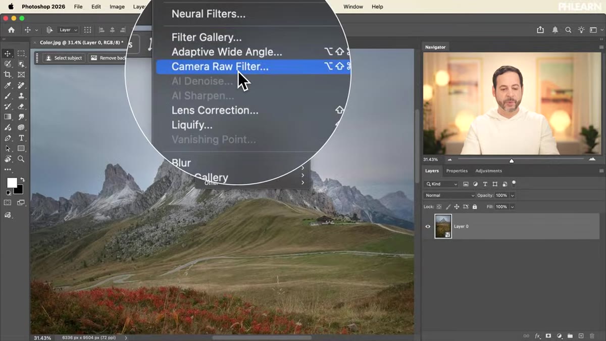 Camera Raw filter interface open over a landscape image