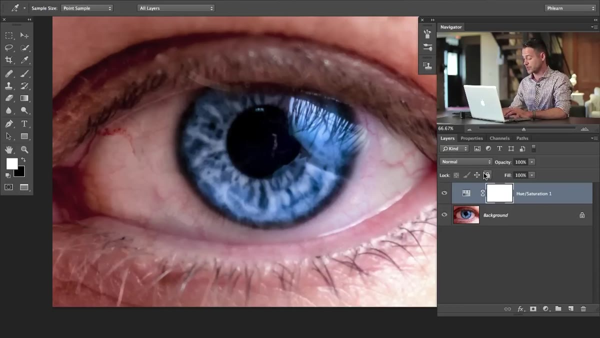 Layer mask inverted to black, brush painting white over eye area
