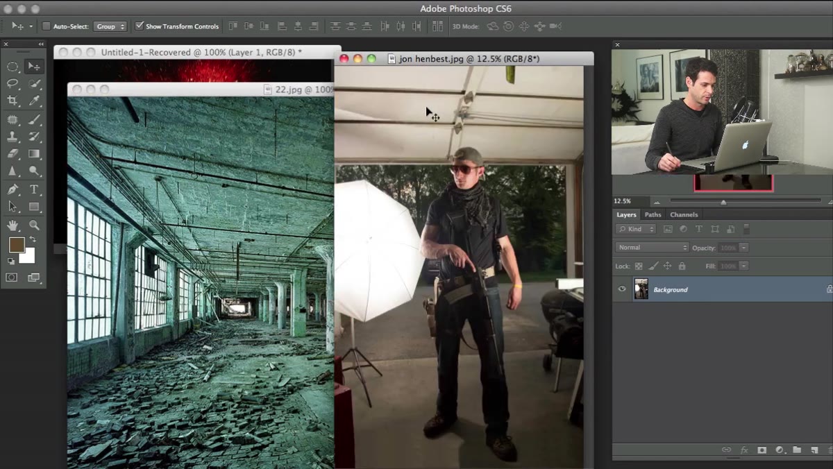 Three separate source images open side by side in Photoshop