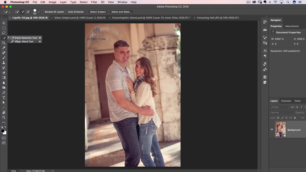 Quick Selection tool selected in the Photoshop toolbar