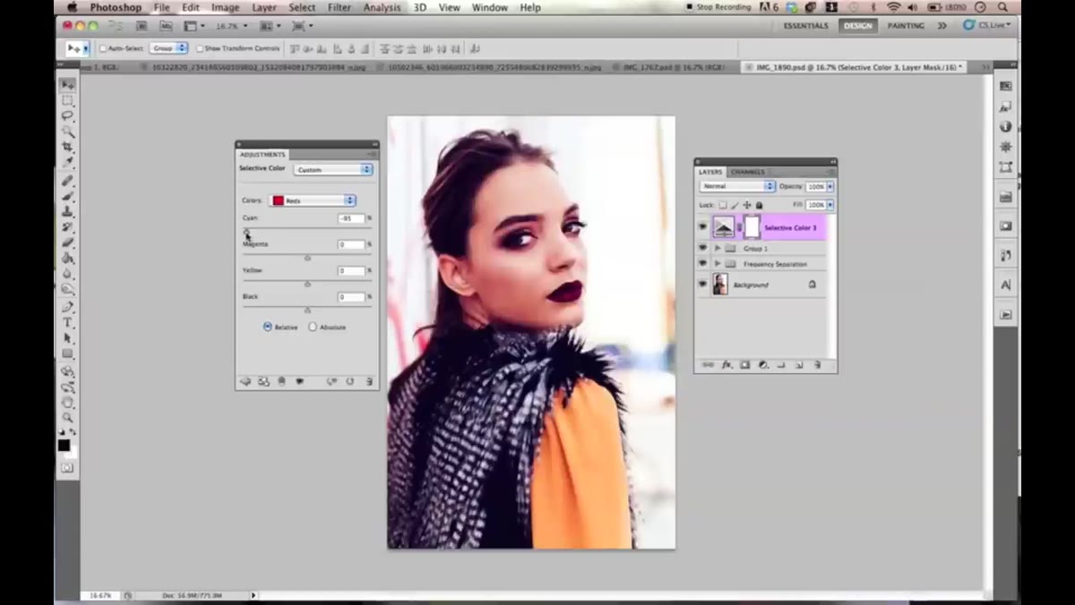 Selective Color panel open on Reds channel with sliders visible