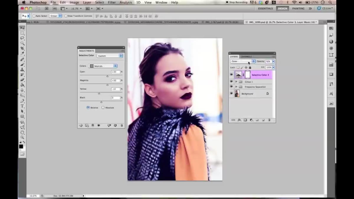 Blend mode dropdown showing Screen and Color options being tested