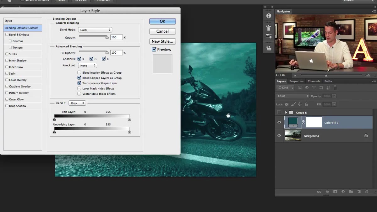 Layer Style dialog open showing Blend If sliders on Underlying Layer