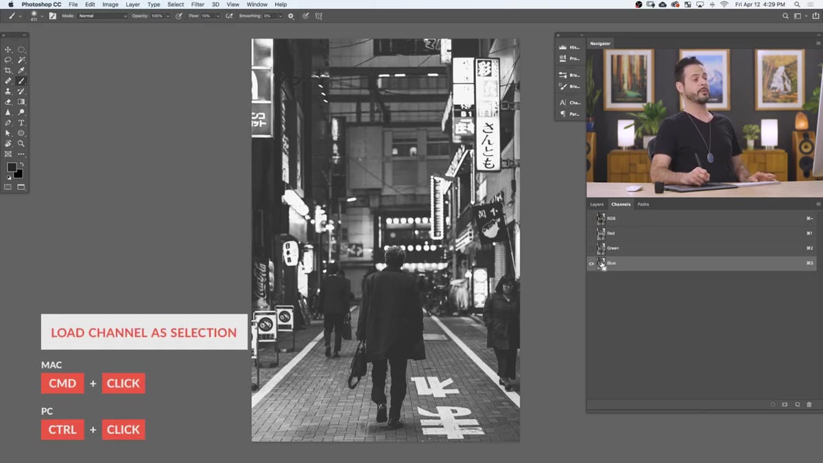 Ctrl-clicking blue channel thumbnail to create selection