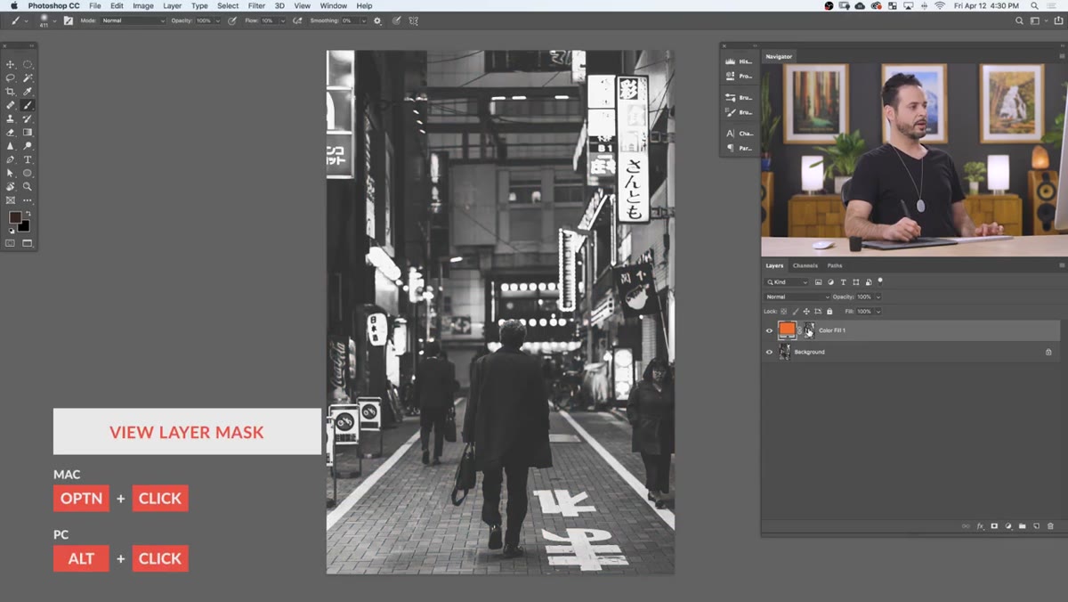 Levels dialog open on layer mask, black point slider moving right