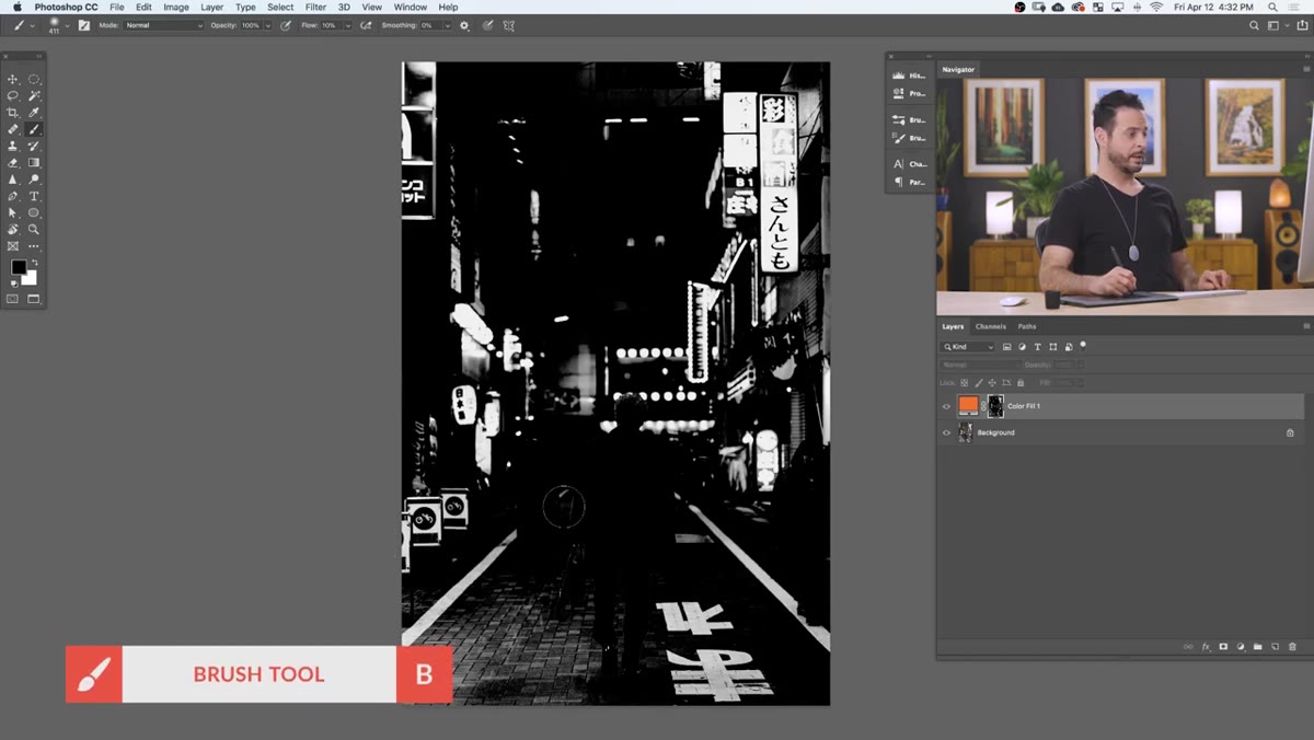 Brush tool painting black over floor area on layer mask
