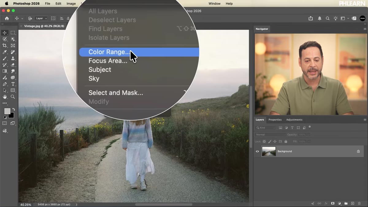 Color Range dialog open with grayscale preview active