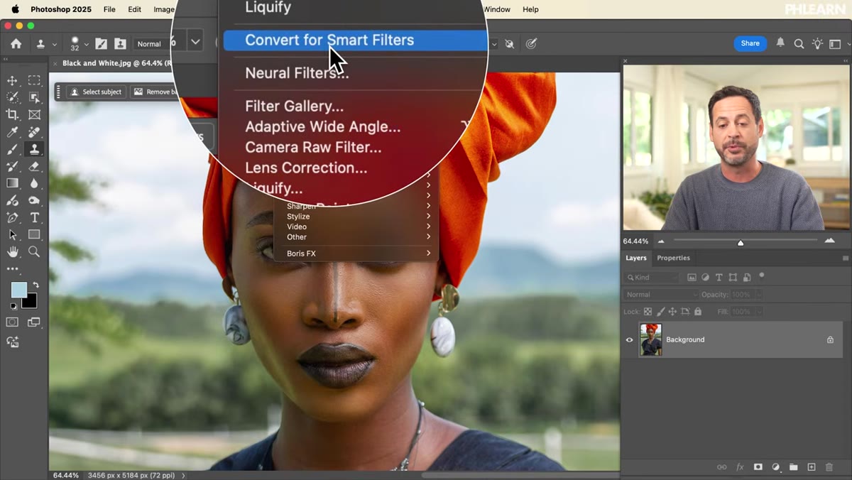 Filter menu open, &ldquo;Convert for Smart Filters&rdquo; option highlighted