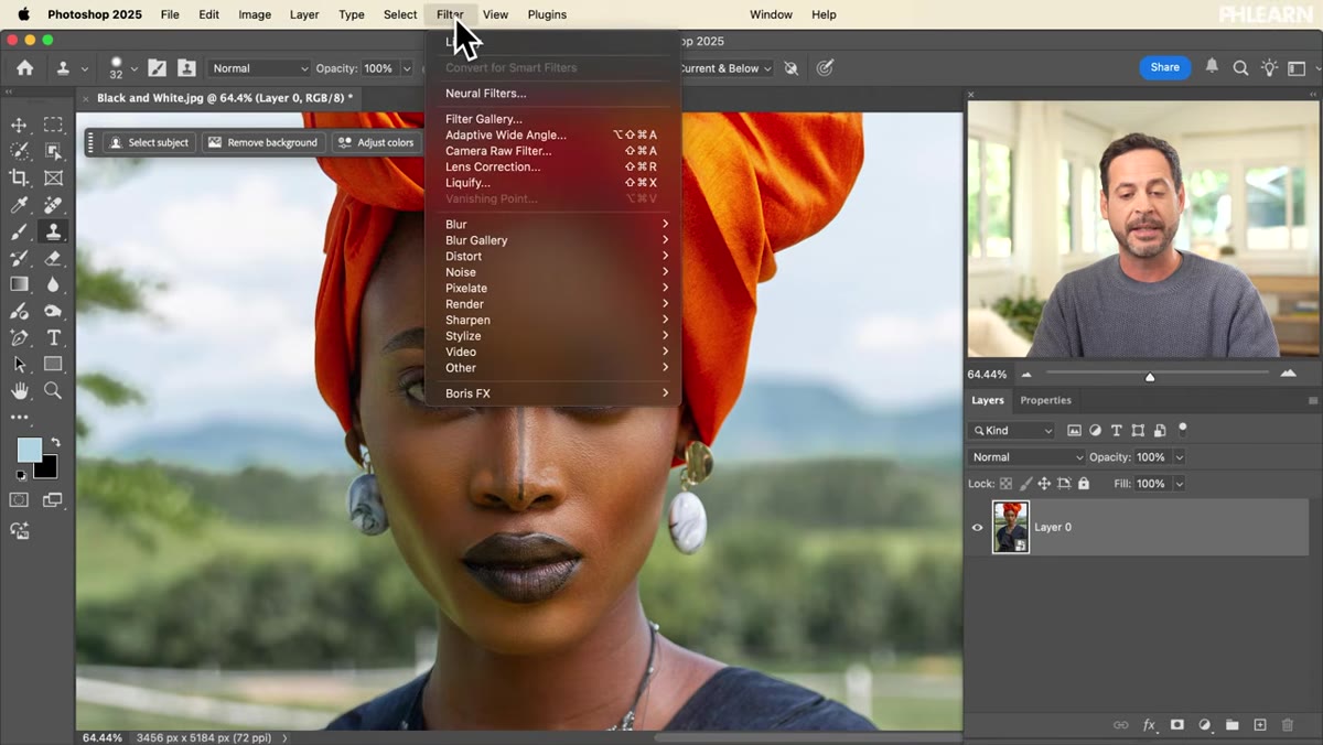 Filter menu open, &ldquo;Camera Raw Filter&rdquo; option highlighted