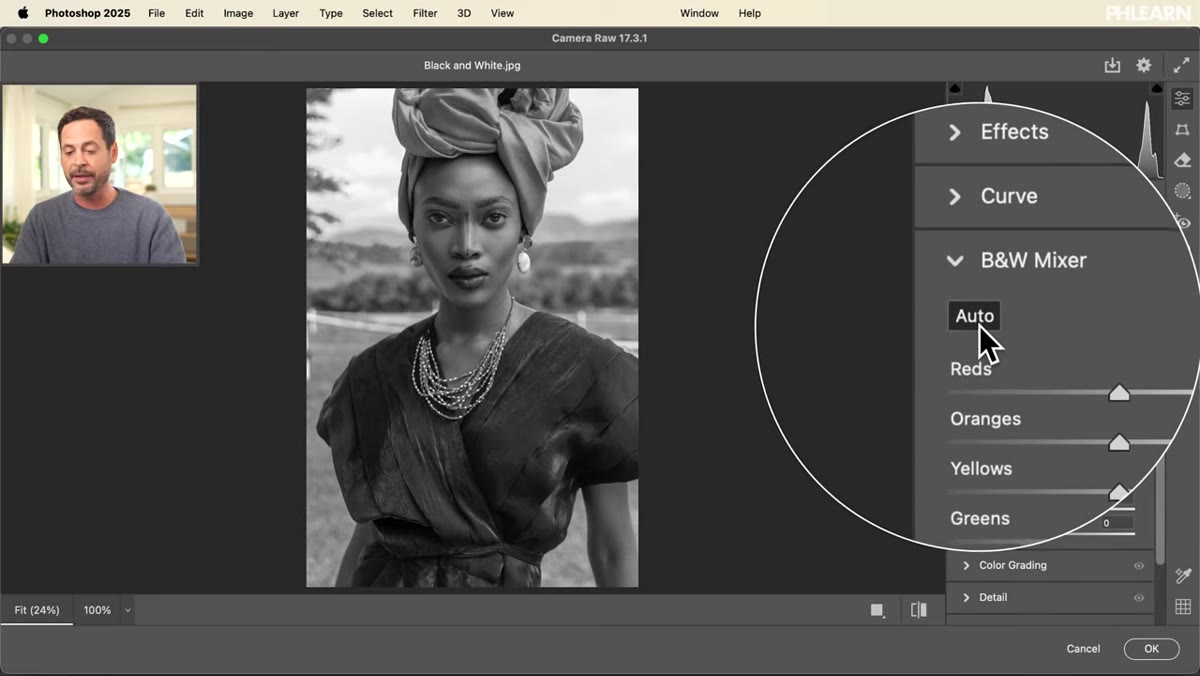 Black & White Mixer panel open with Auto button visible