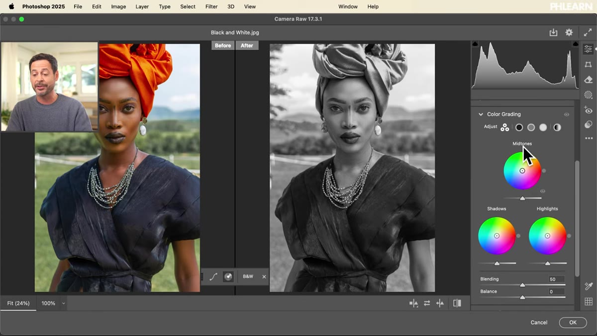 Color Grading panel open with hue and saturation controls visible