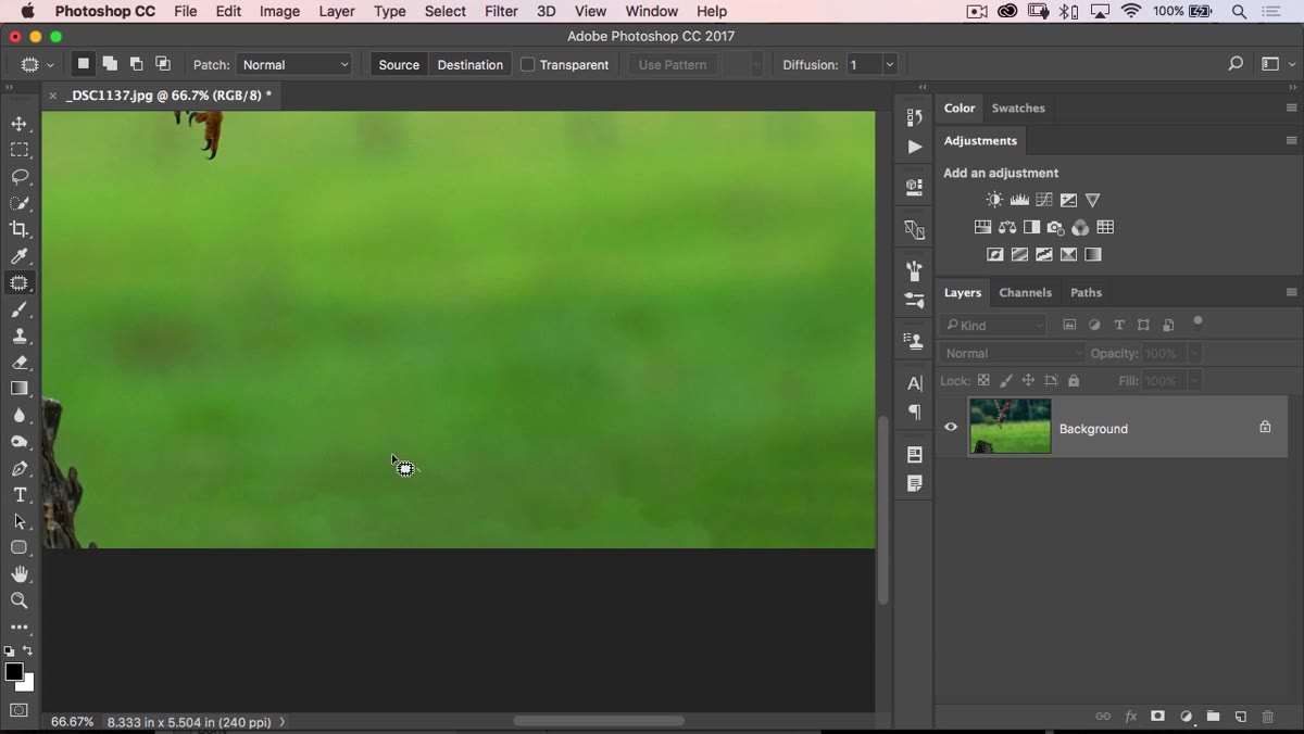 Patch tool active, selection drawn around a blobby artifact
