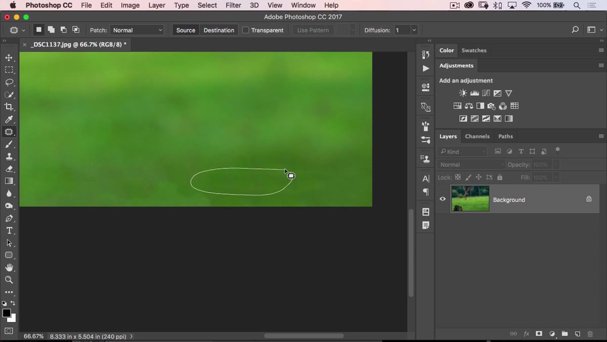 Diffusion set to 6, Patch Tool selection being dragged to clean area
