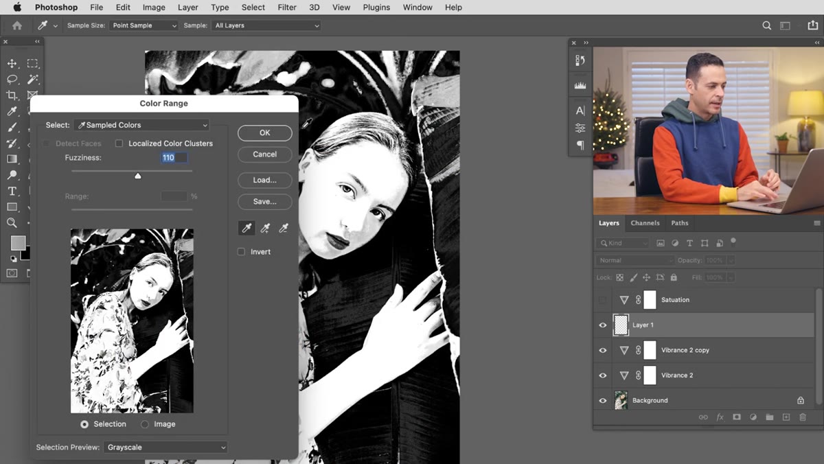 Color Range dialog with skin tones selected in preview