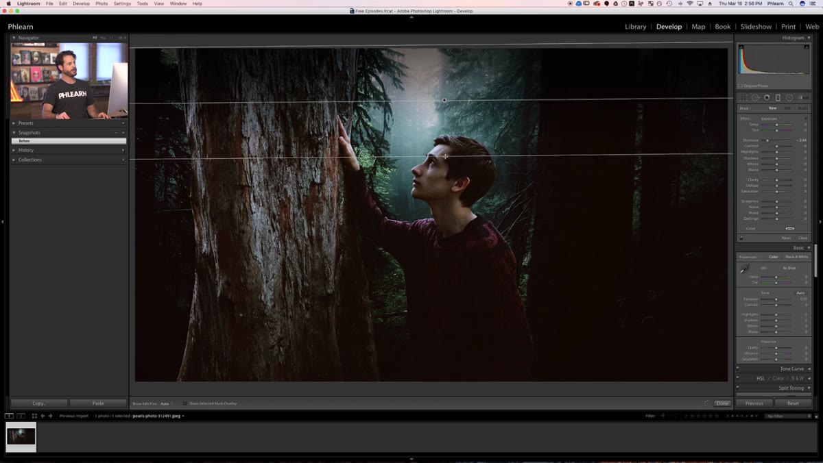 Clicking and dragging a graduated filter down from the top of the image