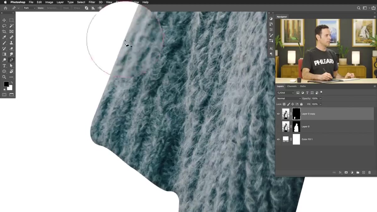 Pen tool path being drawn around subject for comparison