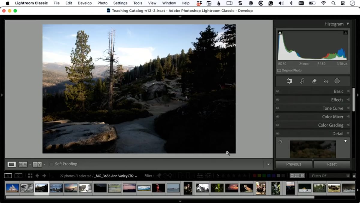 Raw Canon CR2 landscape file open in Lightroom, all sliders at zero