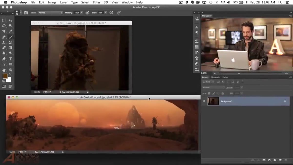 Background composite image and studio subject open side by side