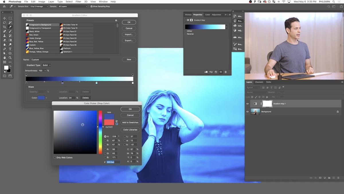 Color picker open with saturation being adjusted for a stop