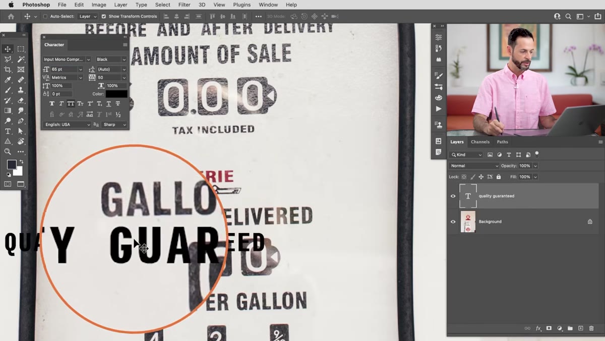 Two text layers side by side showing different font options against the original gas pump text