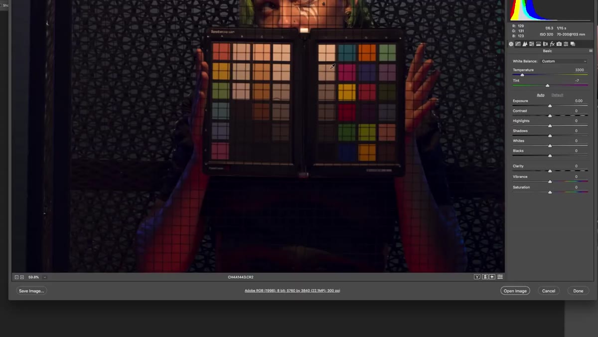Sampling the color chart to establish accurate white balance