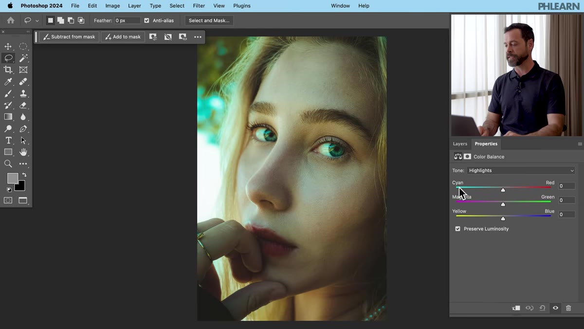 Highlights selected in Color Balance properties panel