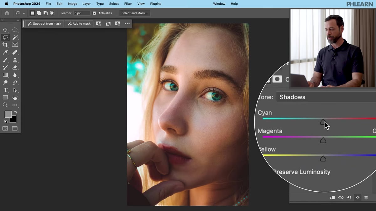 Shadows selected, cyan/red slider being adjusted