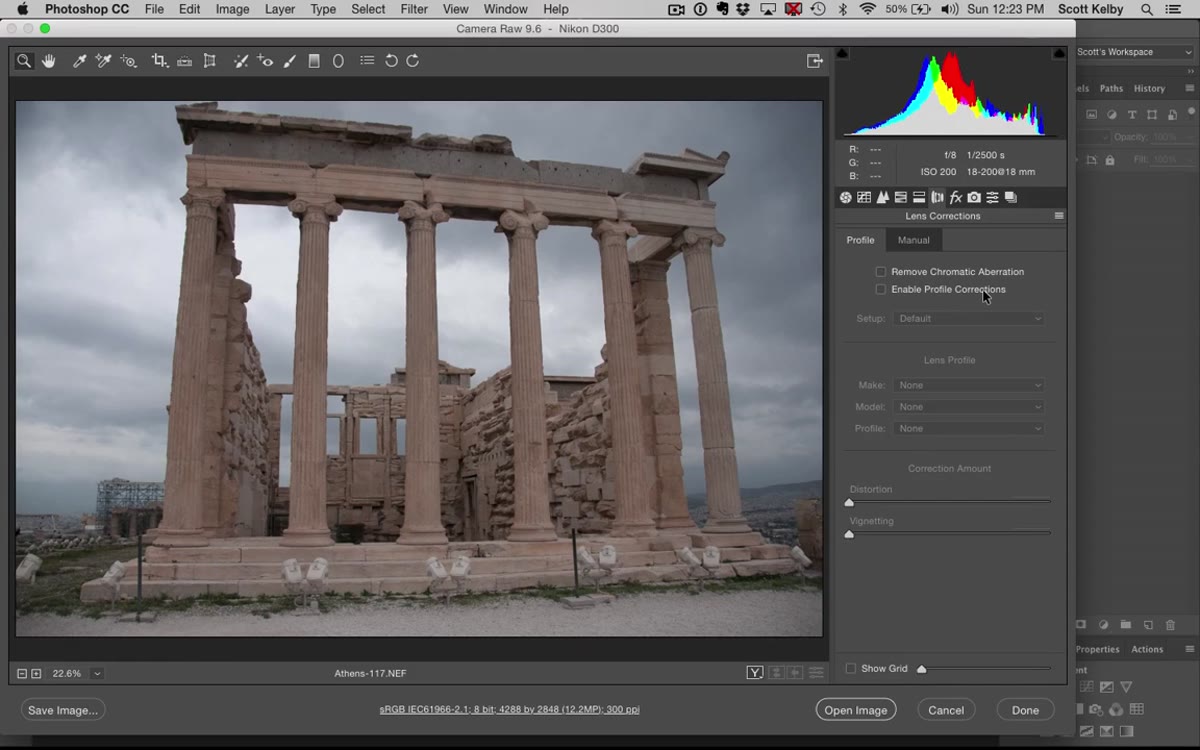 Lens Corrections panel with Enable Profile Corrections checkbox
