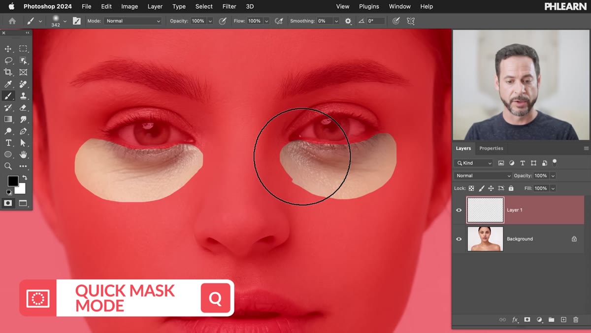 Quick Mask mode active showing red overlay on selection