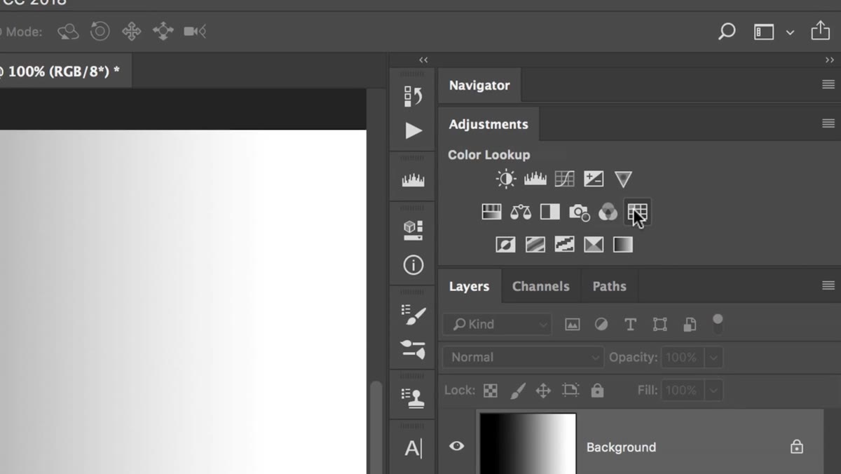 Adjustments panel open with Color Lookup icon highlighted