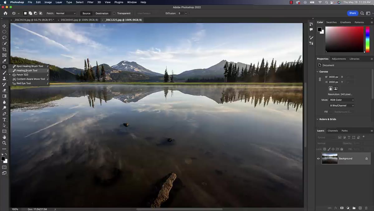 Healing, Patch, and Clone Stamp tools in toolbar