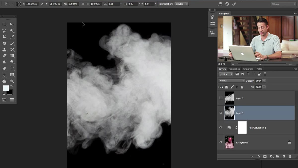 Free Transform handles visible around oversized steam texture