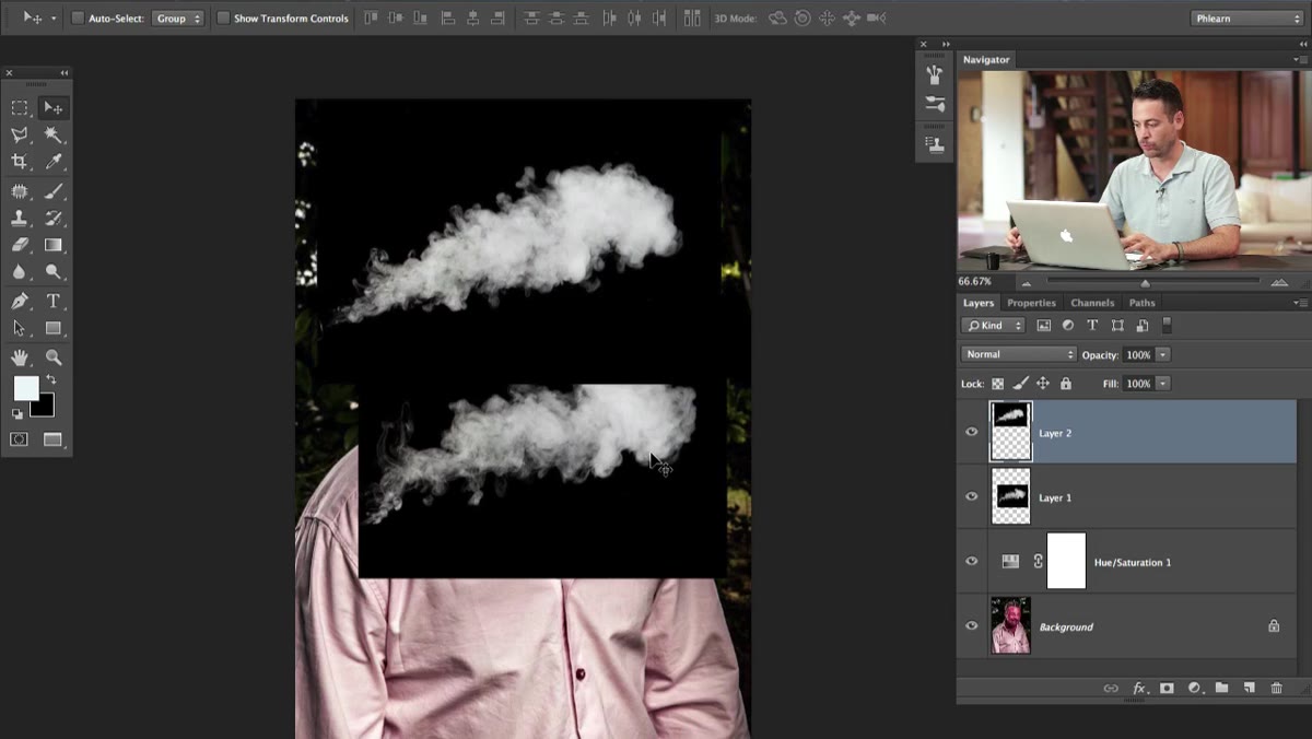 Steam texture repositioned and scaled near subject&rsquo;s ear area