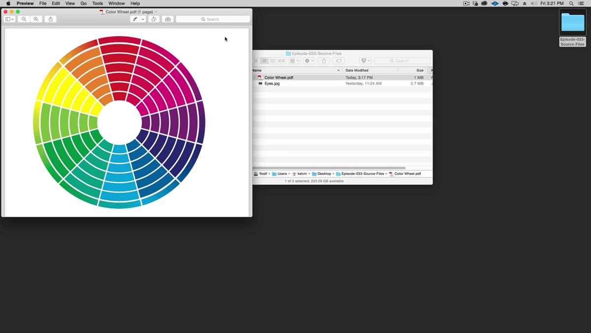 Color wheel PDF open alongside eye photo in Photoshop