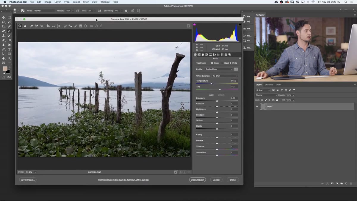 Adobe Camera Raw dialog open with photo loaded