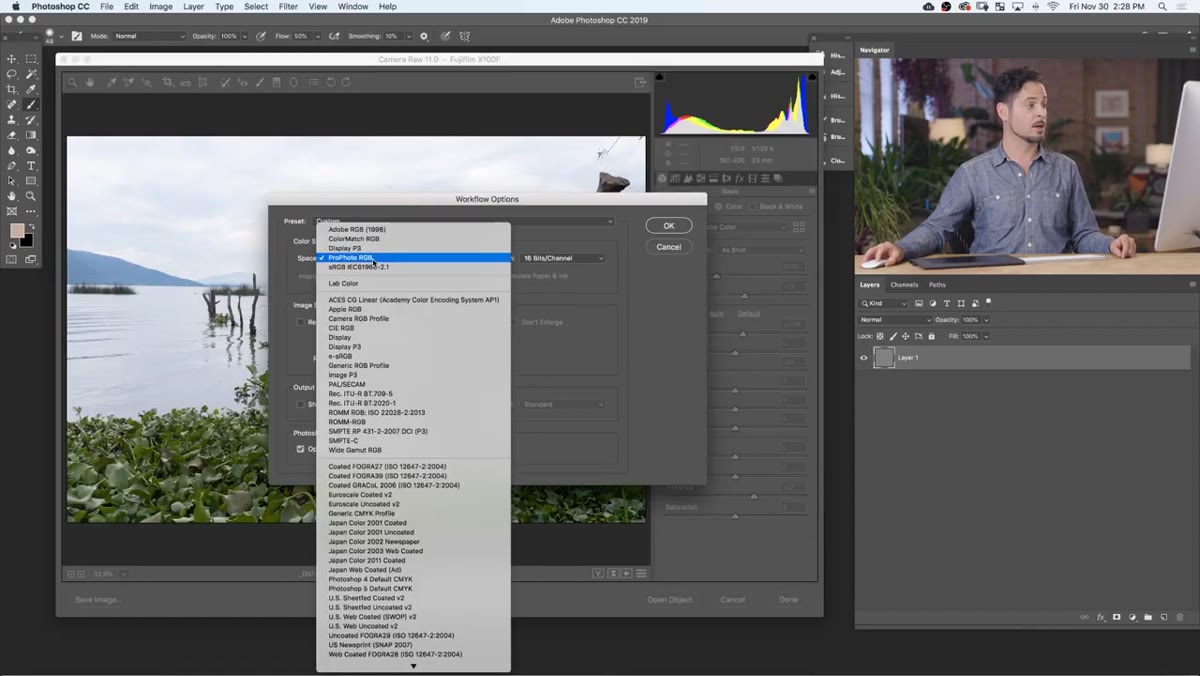 Workflow Options dialog open showing color space and bit depth settings
