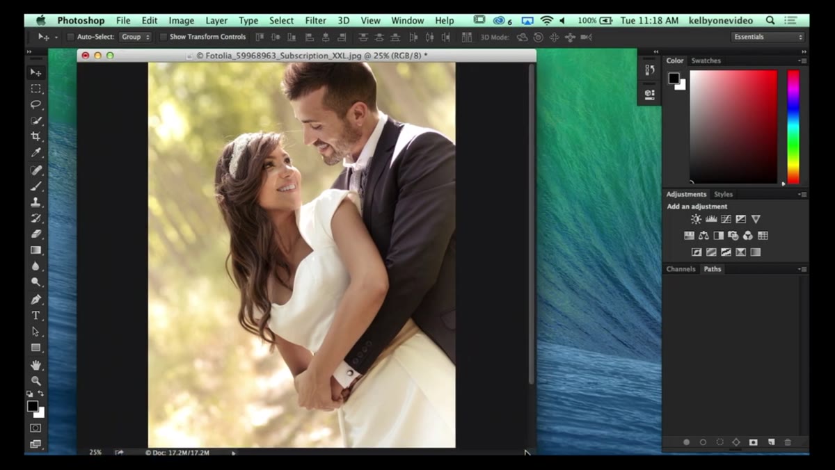 Wedding photo with blurred background open in Photoshop