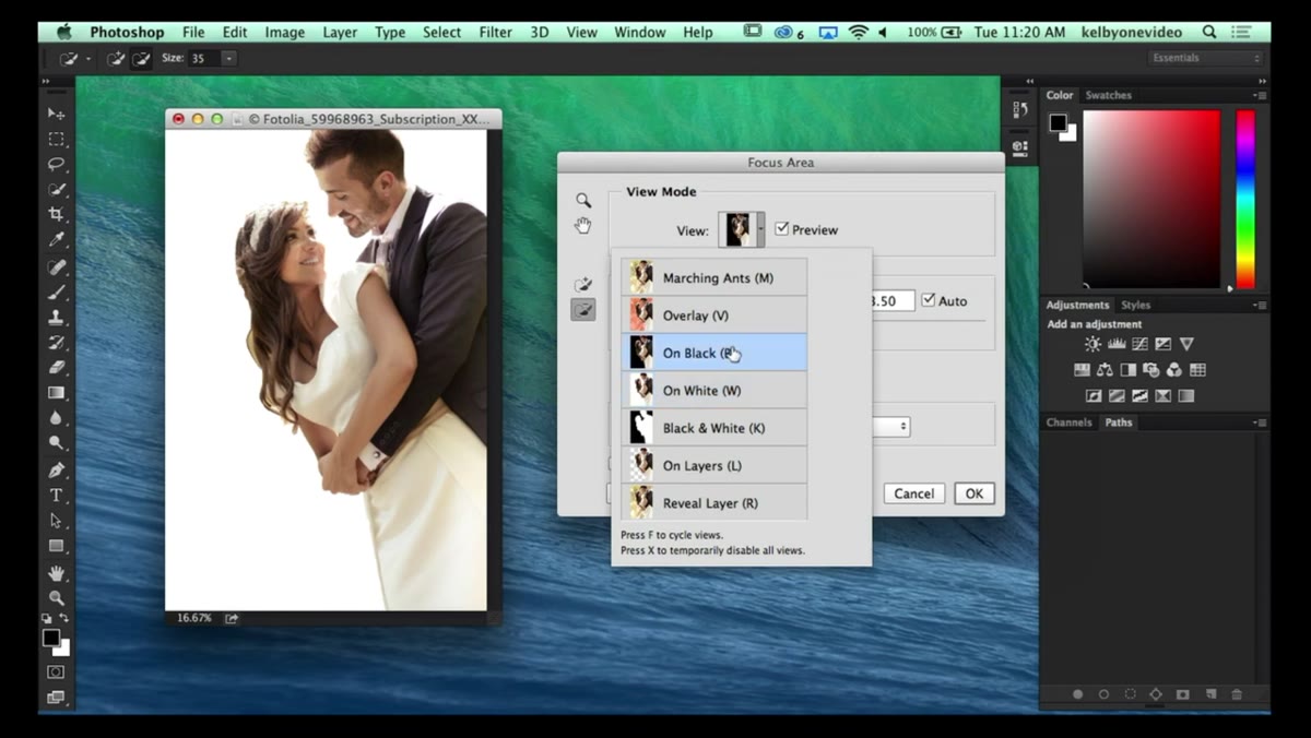 Refine Edge button visible at bottom of Focus Area dialog