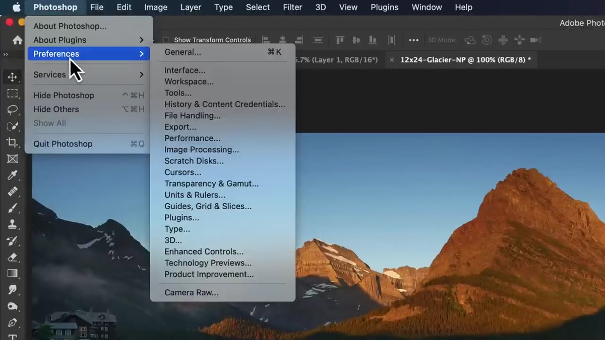 Preferences menu open, File Handling option highlighted