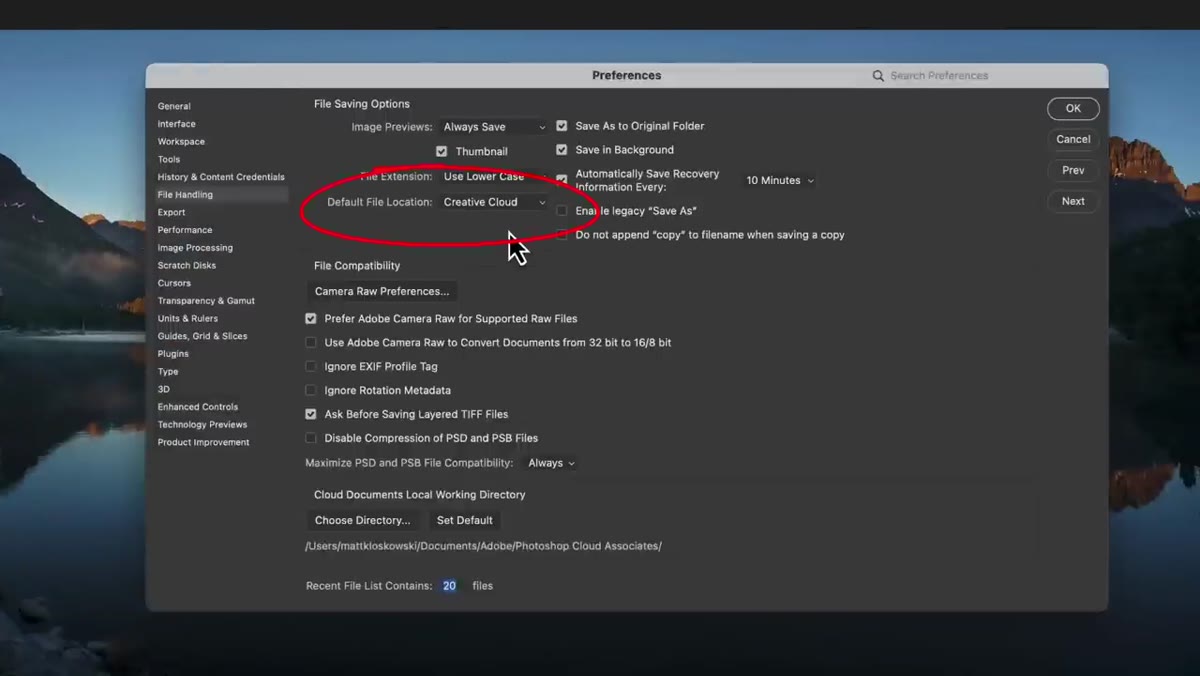 File Handling preferences showing Default File Location set to Creative Cloud