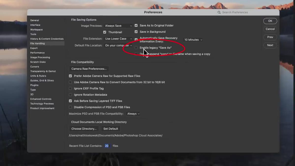 File Handling preferences showing Enable Legacy Save As checkbox