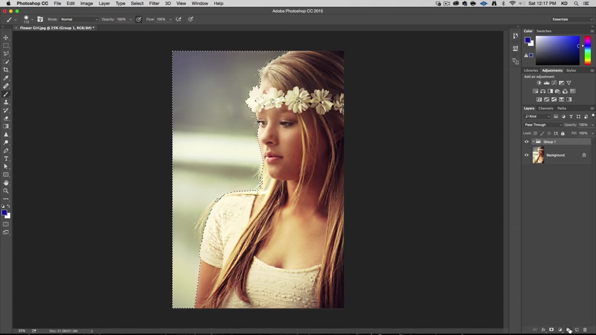 New selection being made on the dress with previous adjustment layer visible