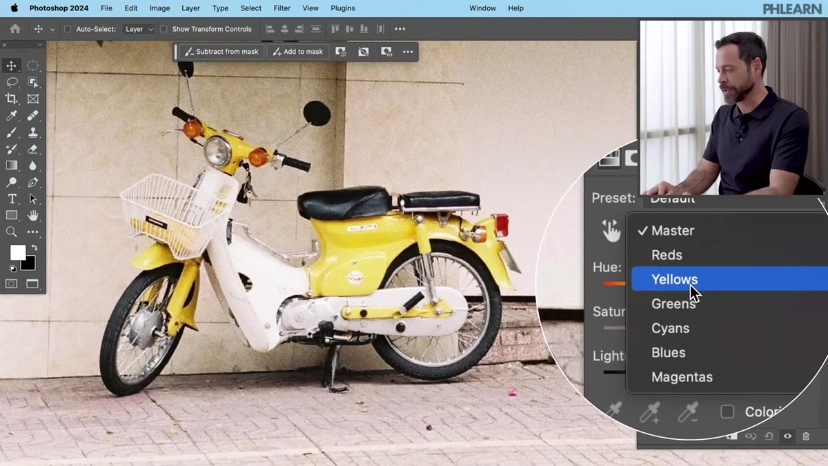 Hue/Saturation properties panel with Yellows channel selected