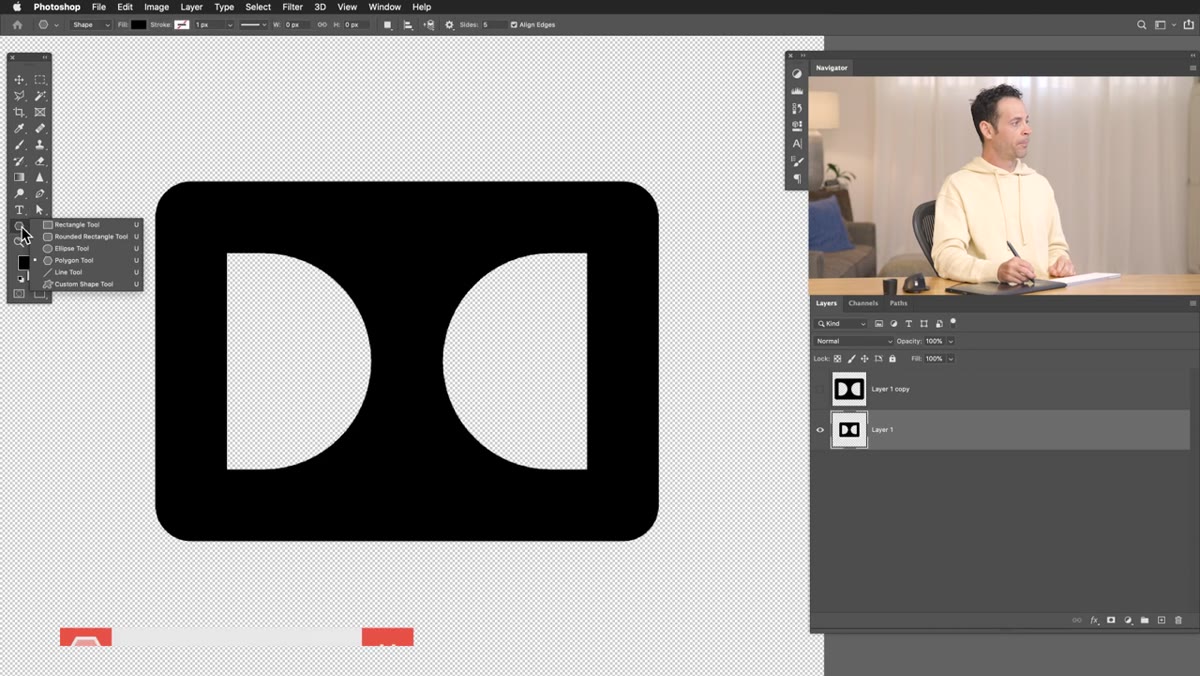 Shape tool options visible in toolbar, rounded rectangle selected