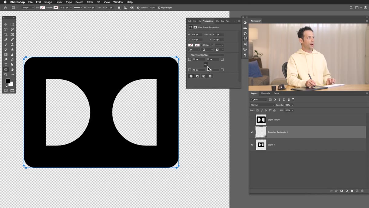 Corner radius fields visible in options bar for rounded rectangle