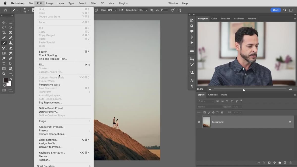 Edit menu open with Sky Replacement option highlighted