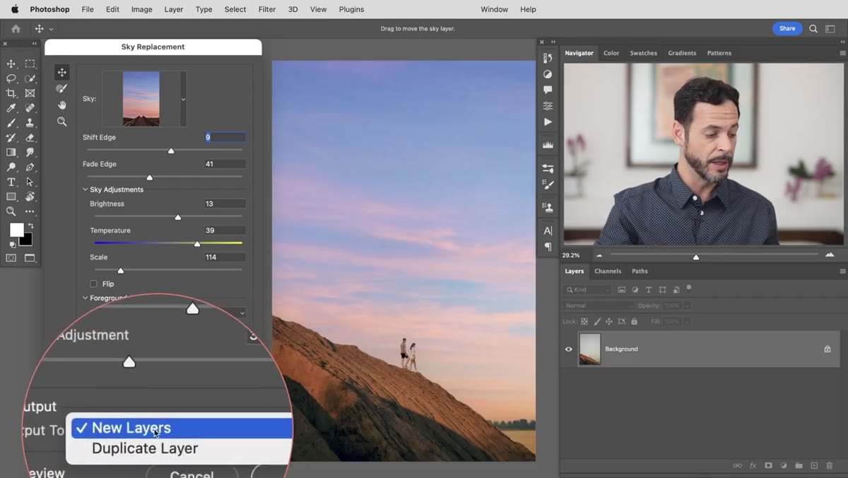OK button at bottom of dialog with Output to New Layers option selected