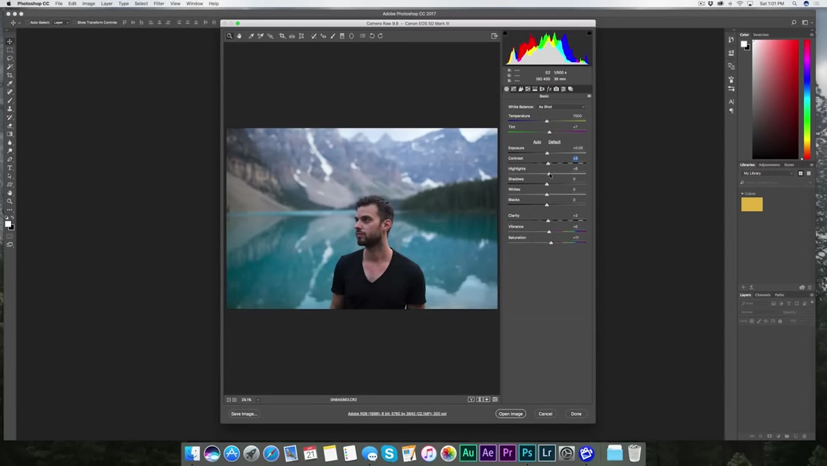 Exposure and contrast sliders being adjusted in Camera Raw